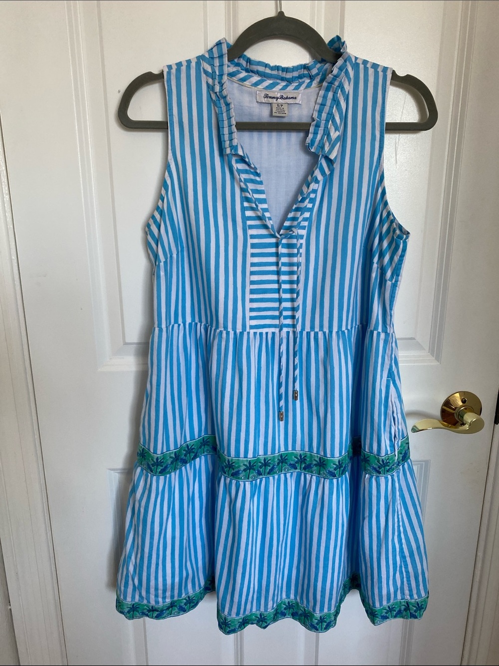 Tommy Bahama Marina Isle Blue White Striped Tiered Dress Novelty Palm Trees Sz S